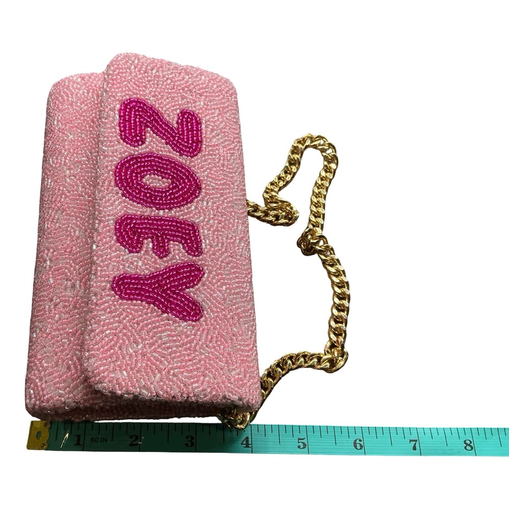 Island to East Side Zoey Pink Beaded Clutch Bag Personalized Gold Chain Strap - Picture 6 of 7